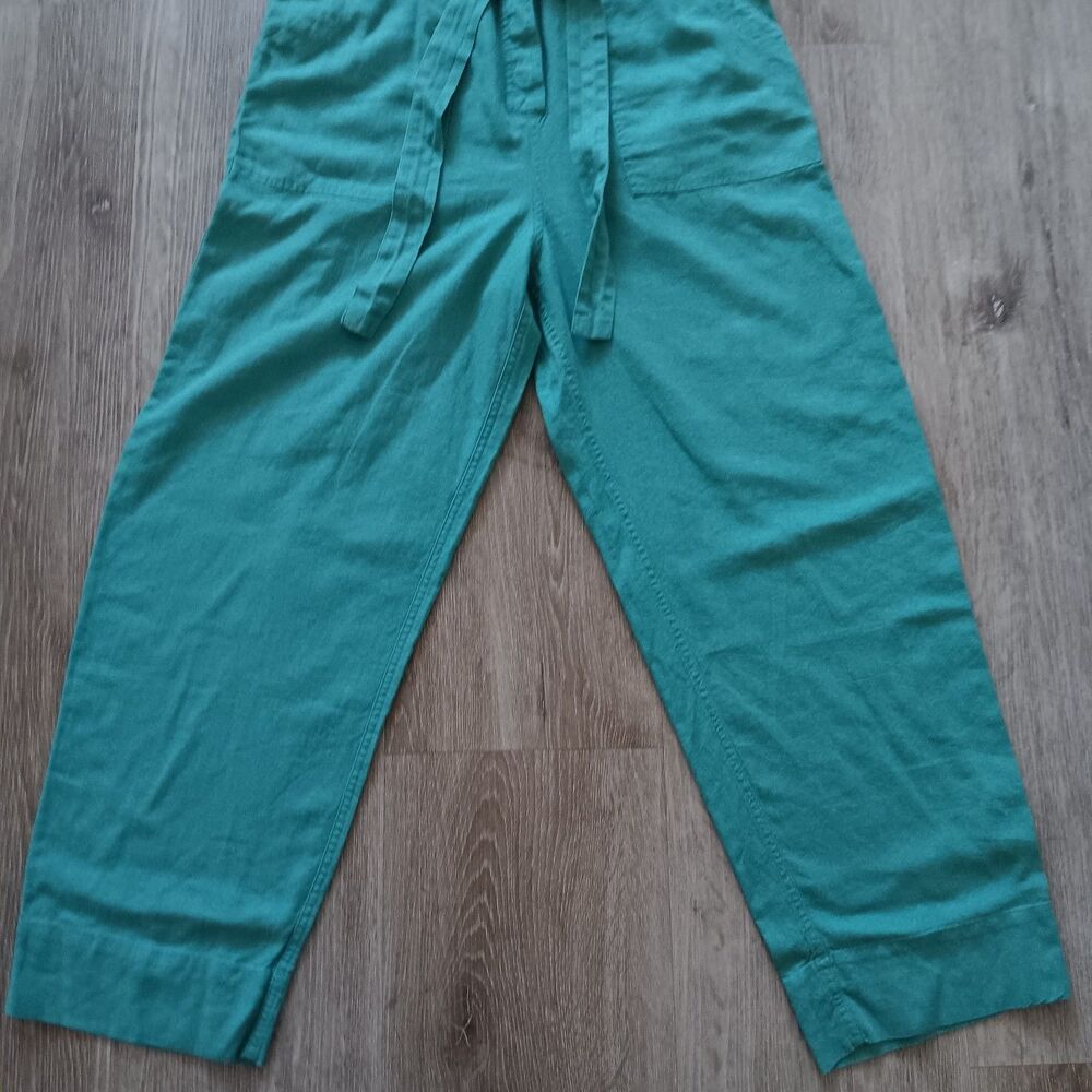 Sage Green Jumpsuit Womens 8 Linen Blend Button Tie Front Pockets Beachy Coastal - Picture 5 of 13